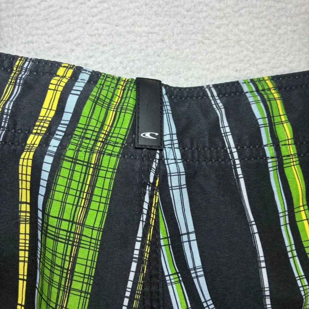 O'Neill Board Shorts Men 32x10 Black Green Striped Surf Swim Trunks Drawstring